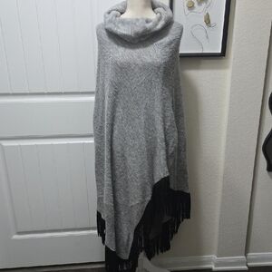 Gray Cowl Neck Sweater with Black Fringe